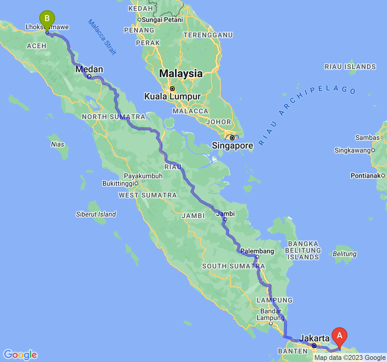 perjalanan dengan rute Kab. Subang-Kota Lhokseumawe