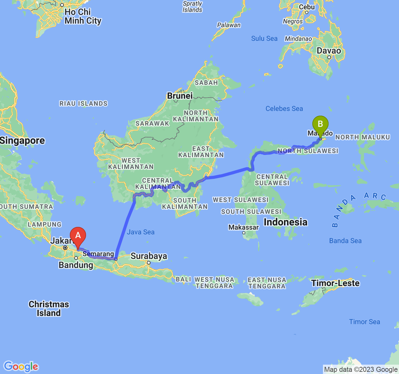 perjalanan dengan rute Kab. Subang-Kota Manado