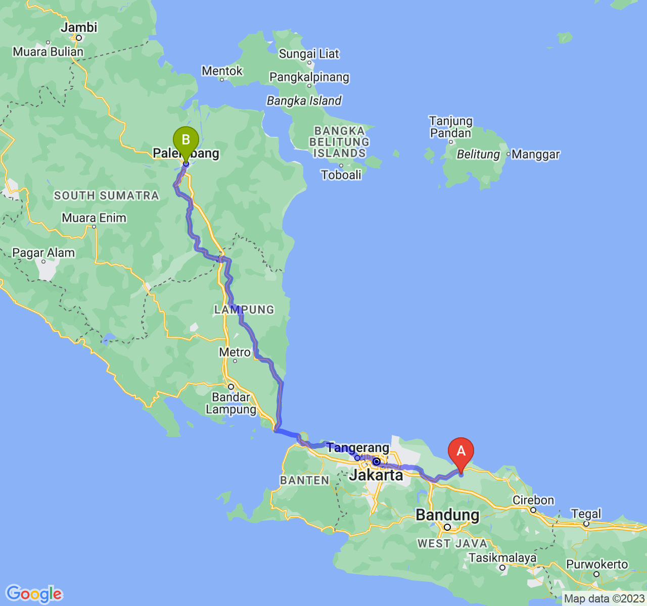 perjalanan dengan rute Kab. Subang-Kota Palembang