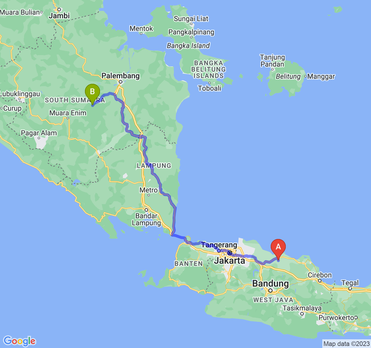 perjalanan dengan rute Kab. Subang-Kota Prabumulih