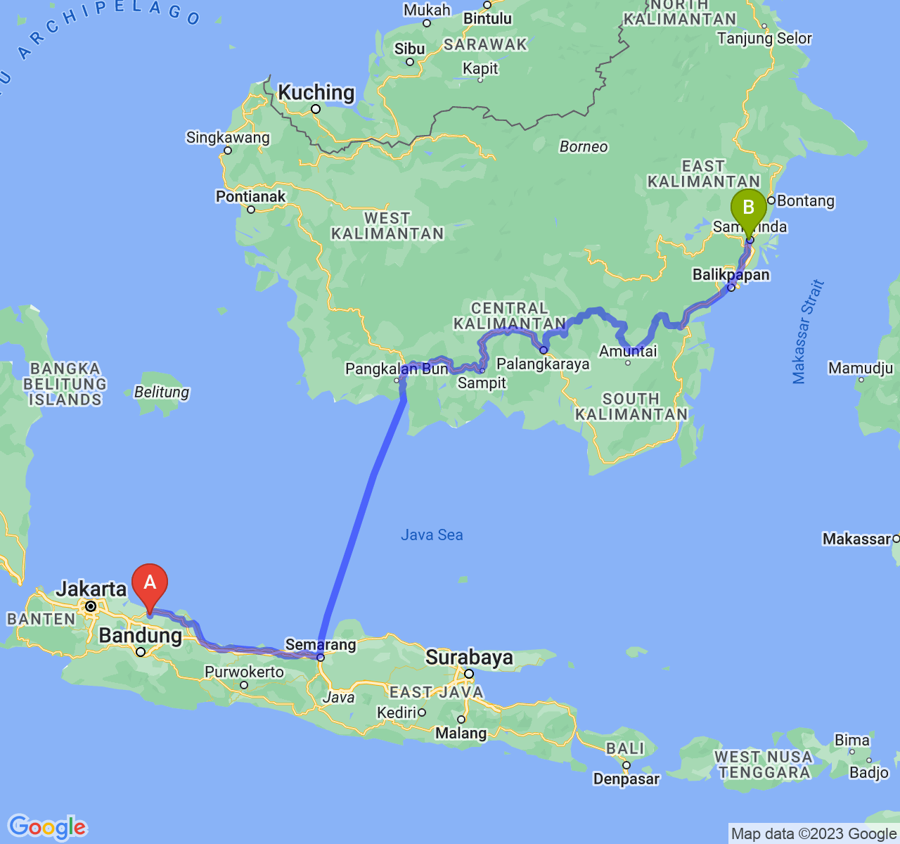 perjalanan dengan rute Kab. Subang-Kota Samarinda