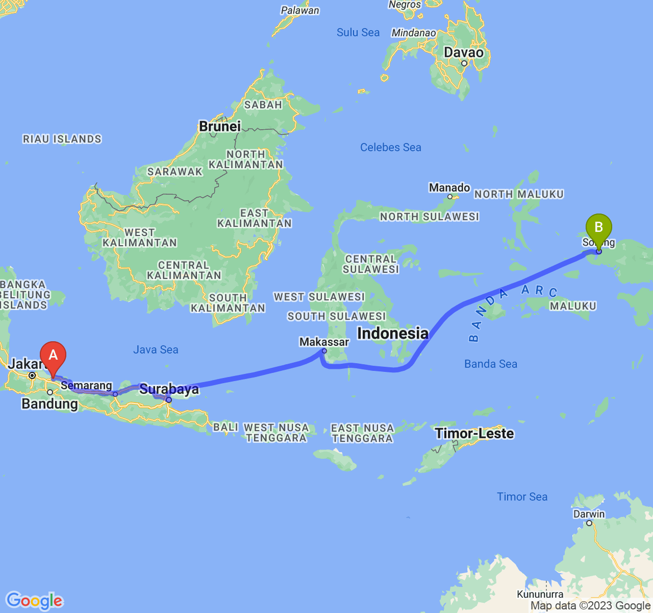 perjalanan dengan rute Kab. Subang-Kota Sorong