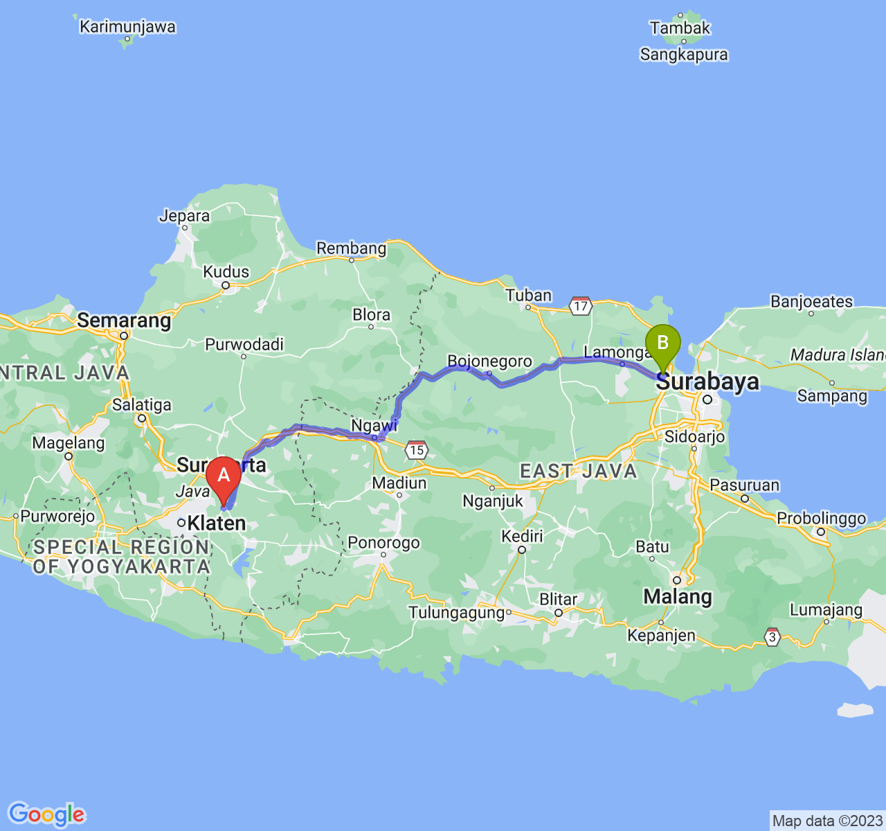 perjalanan dengan rute Kab. Sukoharjo-Kab. Gresik