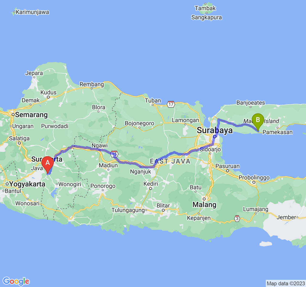 perjalanan dengan rute Kab. Sukoharjo-Kab. Sampang