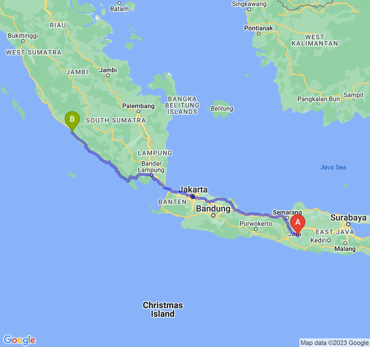 perjalanan dengan rute Kab. Sukoharjo-Kota Bengkulu