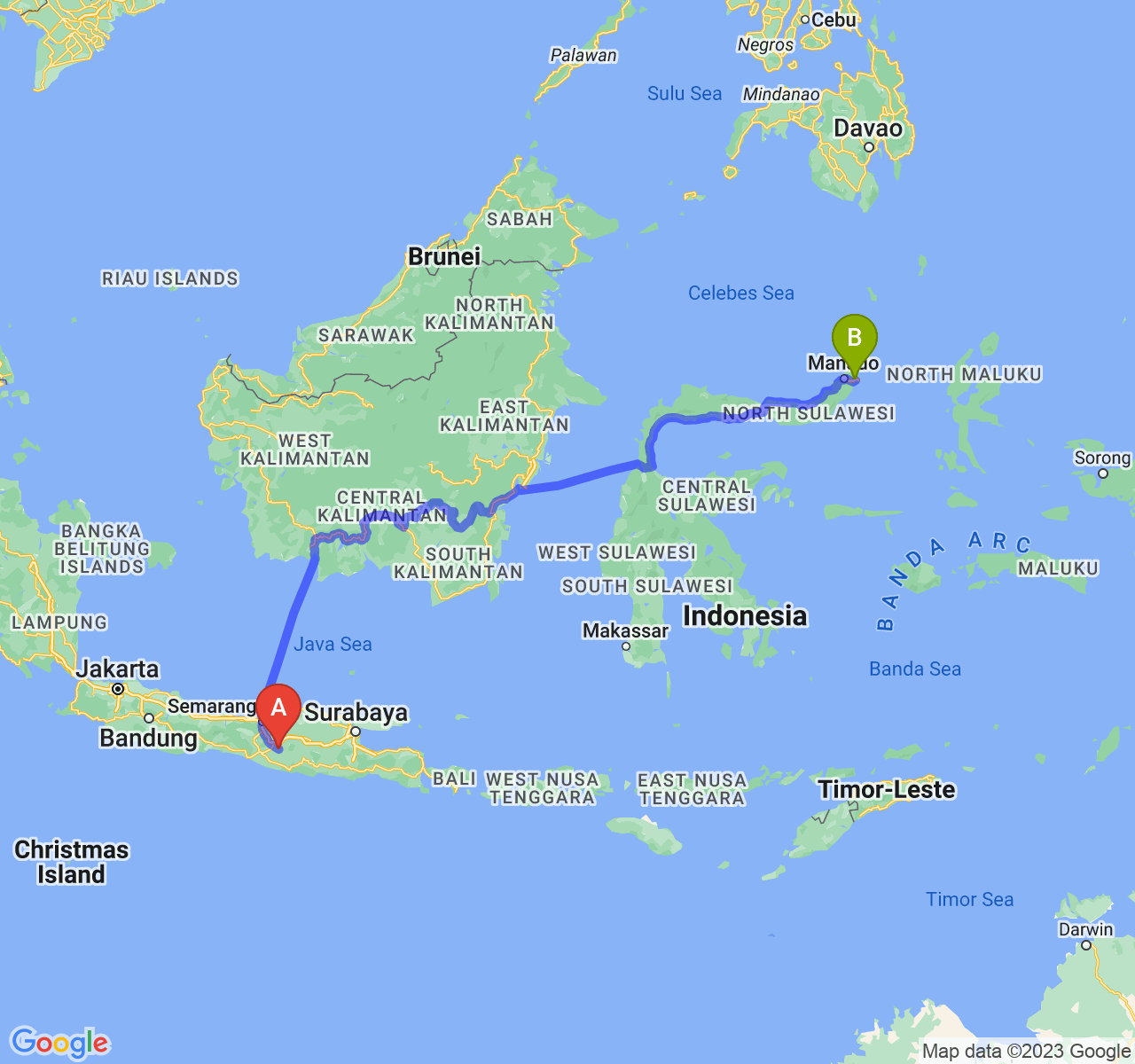 perjalanan dengan rute Kab. Sukoharjo-Kota Bitung