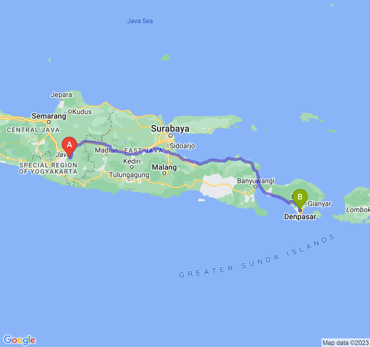 perjalanan dengan rute Kab. Sukoharjo-Kota Denpasar