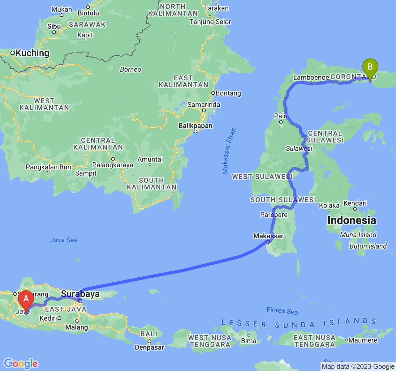 perjalanan dengan rute Kab. Sukoharjo-Kota Gorontalo