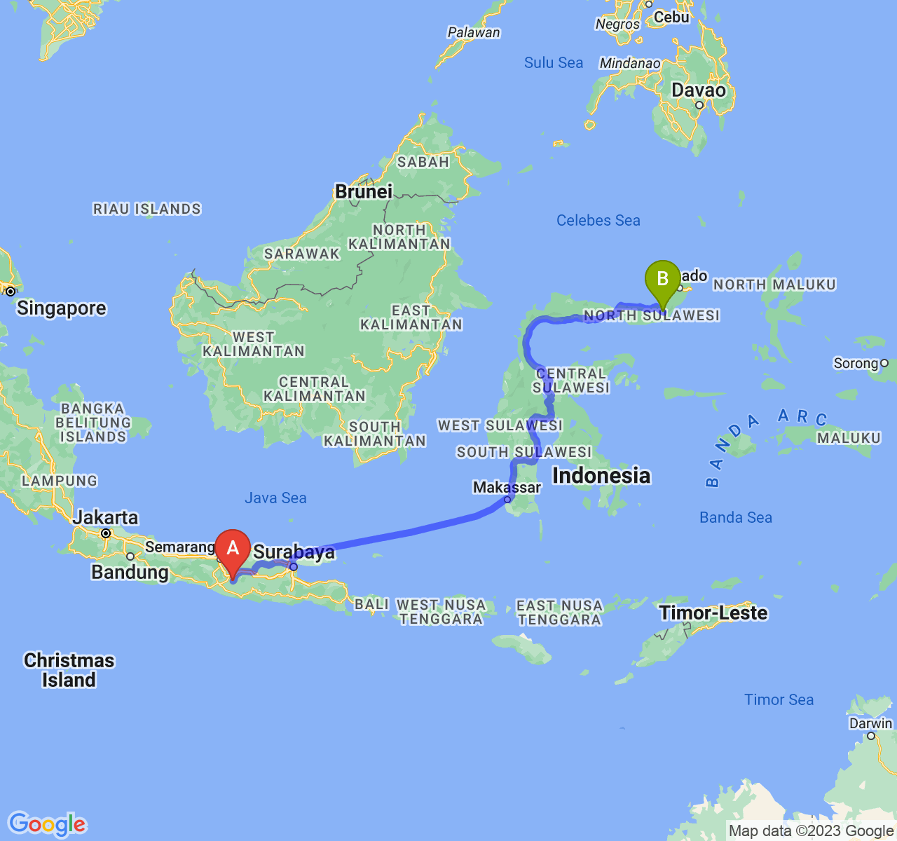 perjalanan dengan rute Kab. Sukoharjo-Kota Kotamobagu