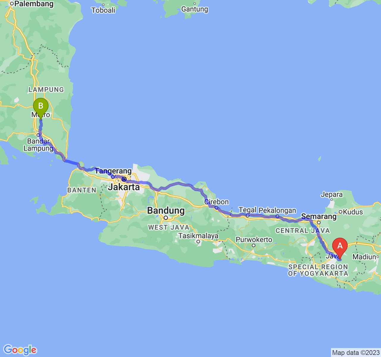 perjalanan dengan rute Kab. Sukoharjo-Kota Metro