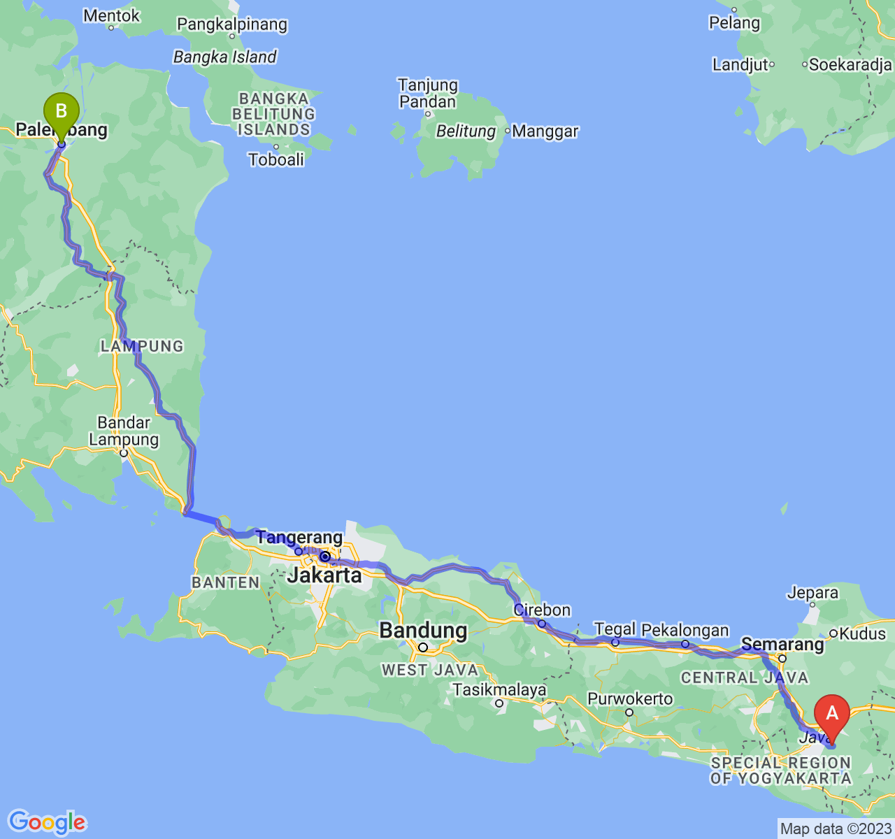 perjalanan dengan rute Kab. Sukoharjo-Kota Palembang