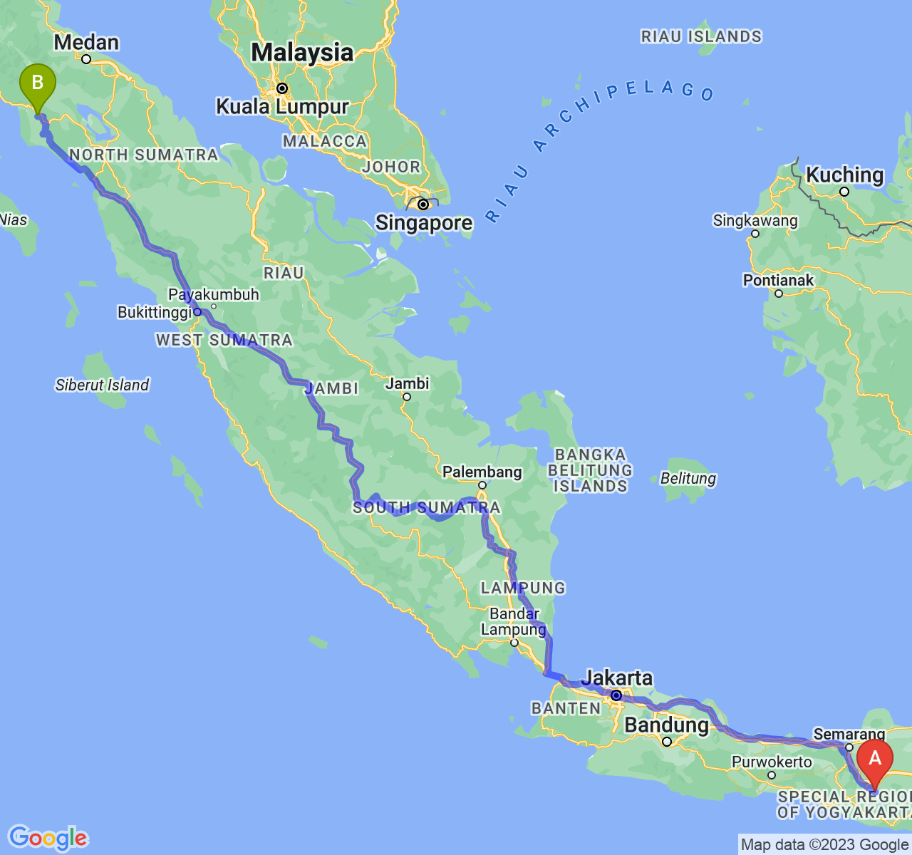 perjalanan dengan rute Kab. Sukoharjo-Kota Subulussalam