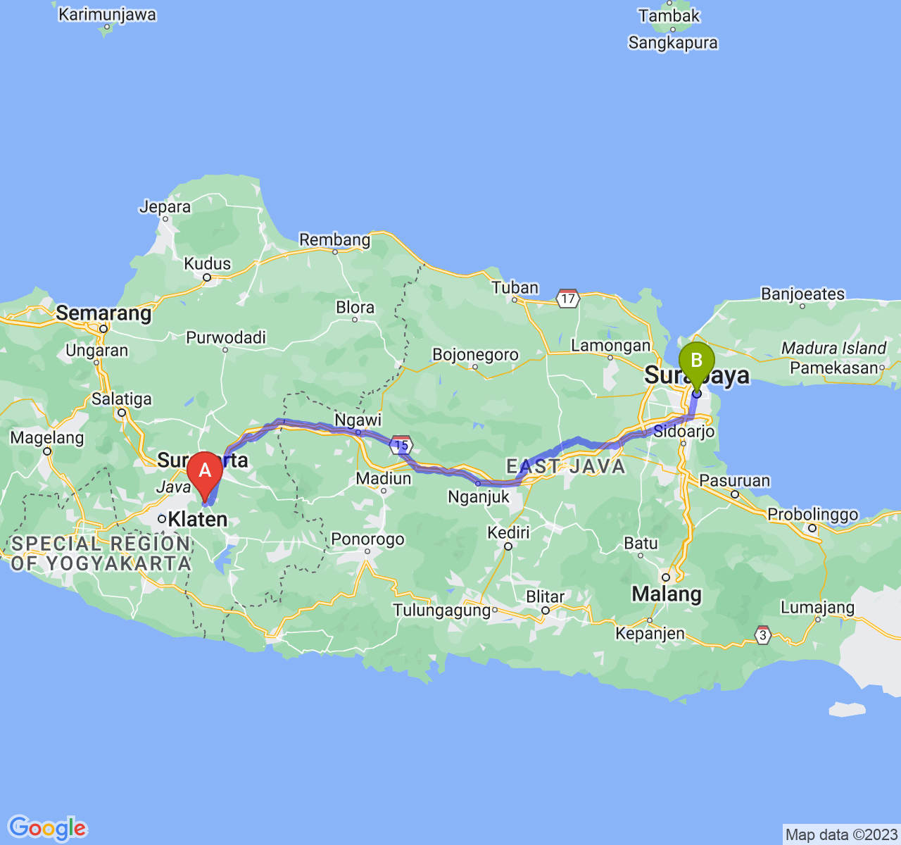 perjalanan dengan rute Kab. Sukoharjo-Kota Surabaya