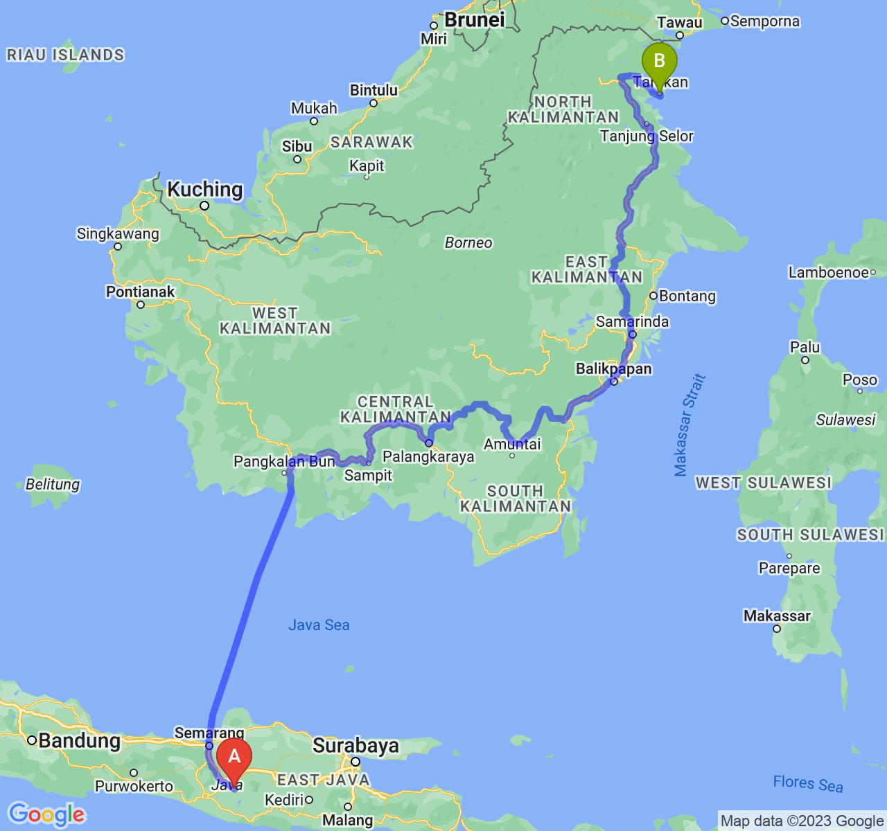 perjalanan dengan rute Kab. Sukoharjo-Kota Tarakan