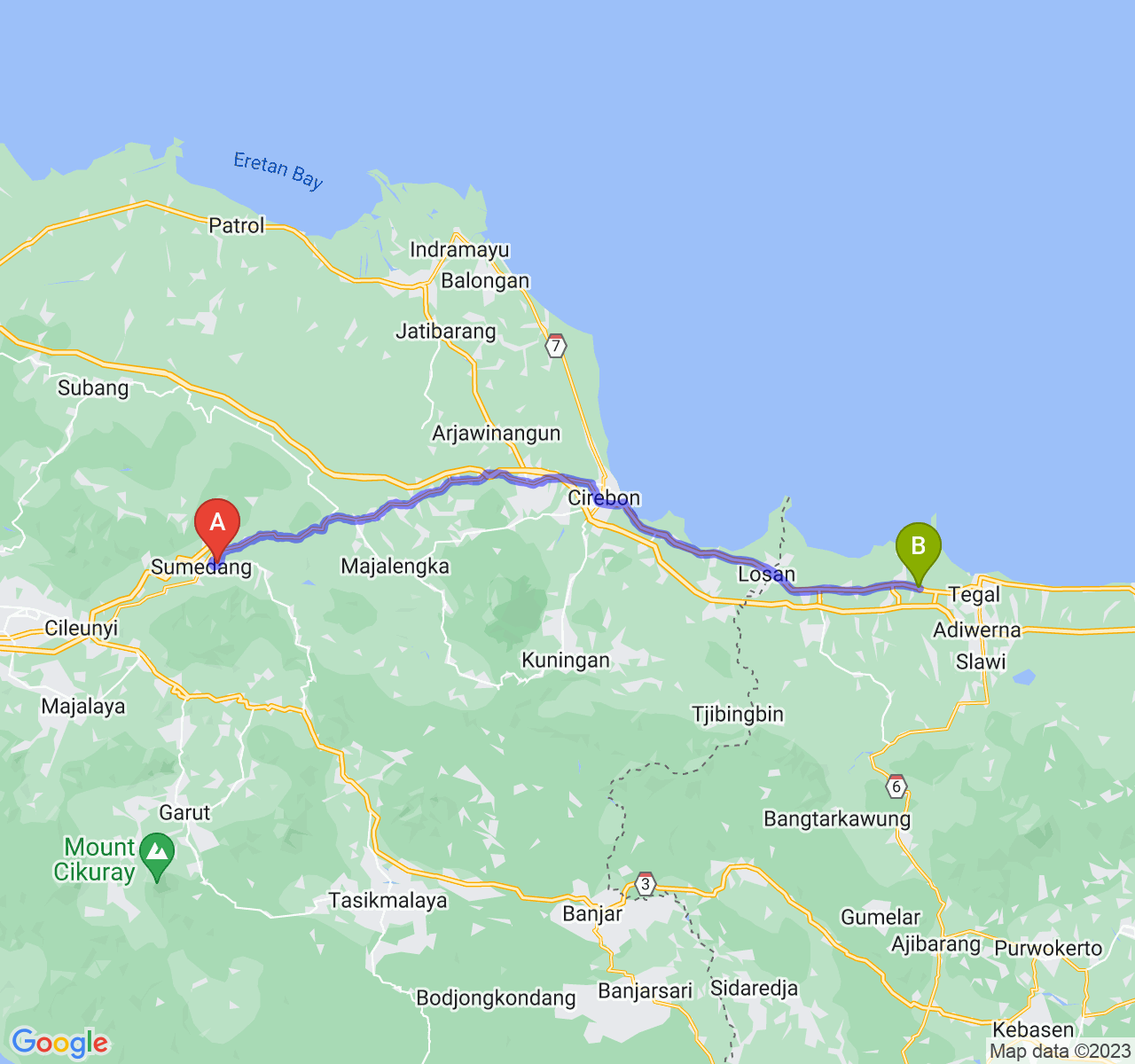 perjalanan dengan rute Kab. Sumedang-Kab. Brebes