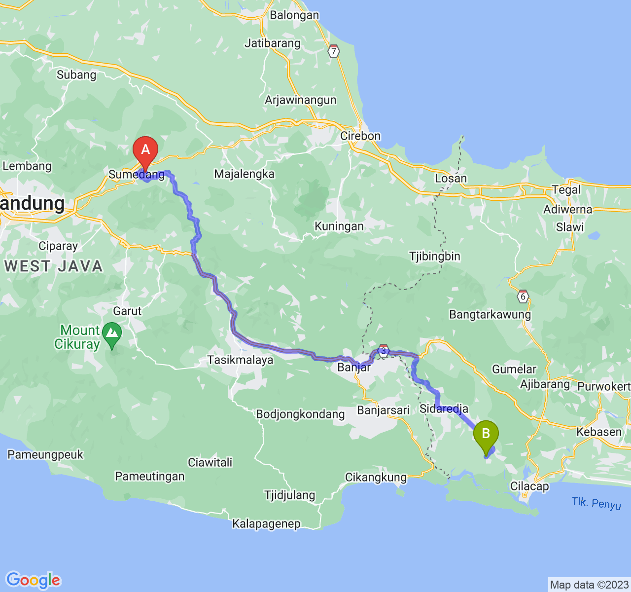 perjalanan dengan rute Kab. Sumedang-Kab. Cilacap