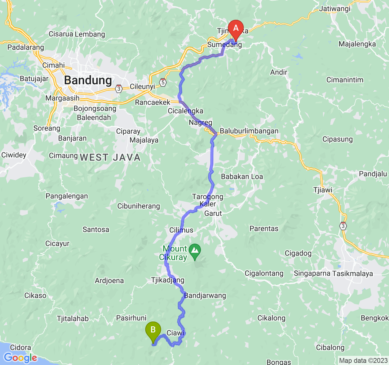 perjalanan dengan rute Kab. Sumedang-Kab. Garut