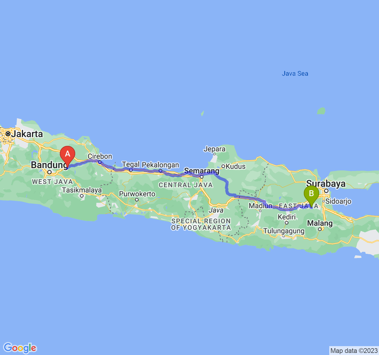 perjalanan dengan rute Kab. Sumedang-Kab. Mojokerto