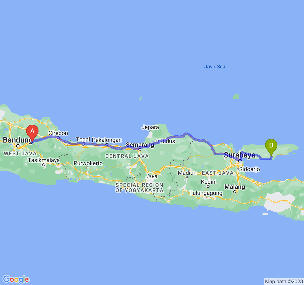 perjalanan dengan rute Kab. Sumedang-Kab. Pamekasan