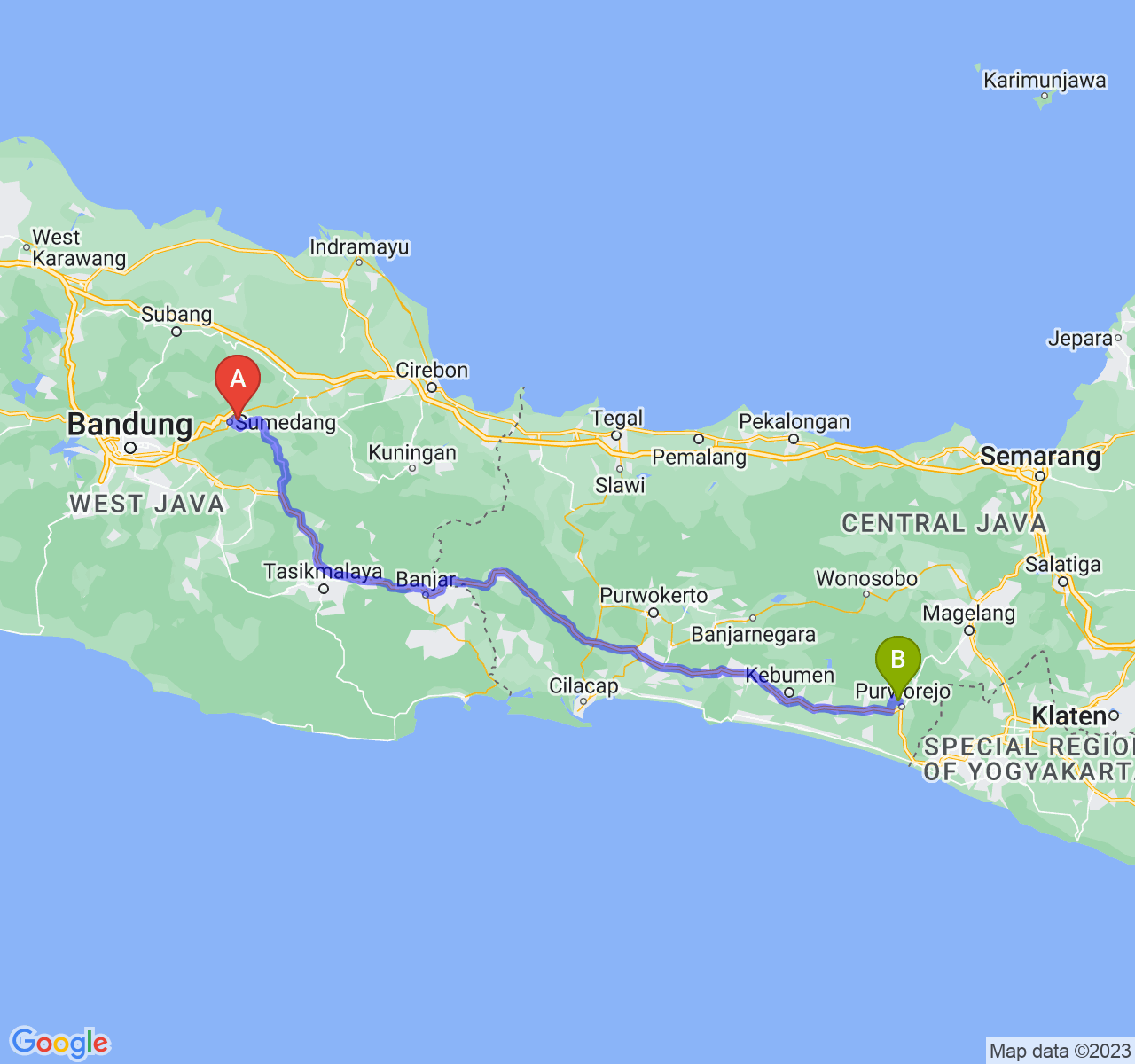 perjalanan dengan rute Kab. Sumedang-Kab. Purworejo