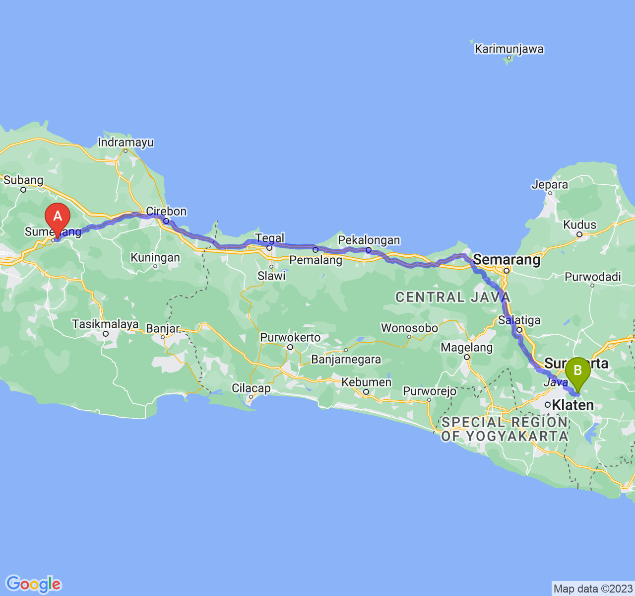 perjalanan dengan rute Kab. Sumedang-Kab. Sukoharjo