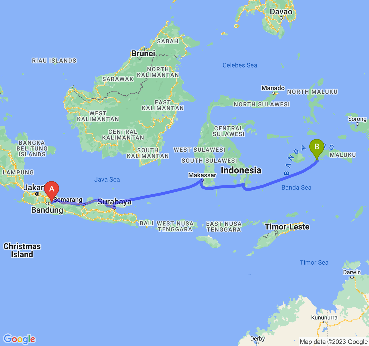 perjalanan dengan rute Kab. Sumedang-Kota Ambon