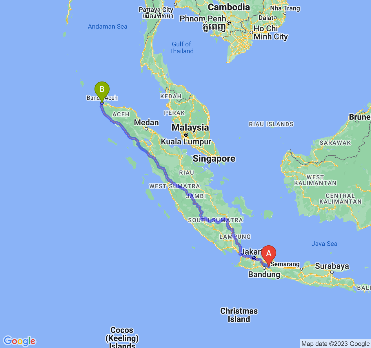 perjalanan dengan rute Kab. Sumedang-Kota Banda Aceh