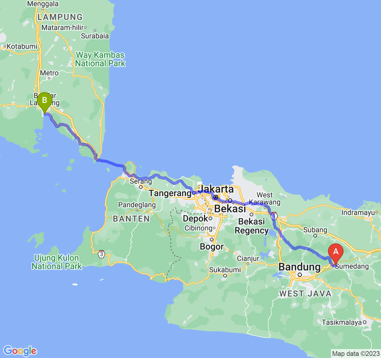 perjalanan dengan rute Kab. Sumedang-Kota Bandar Lampung