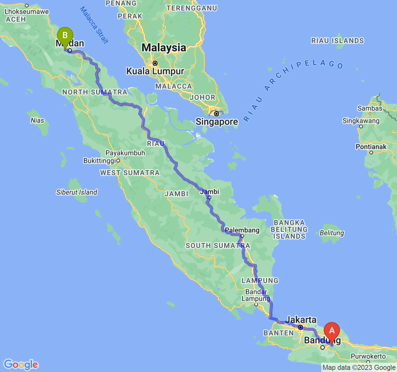 perjalanan dengan rute Kab. Sumedang-Kota Binjai