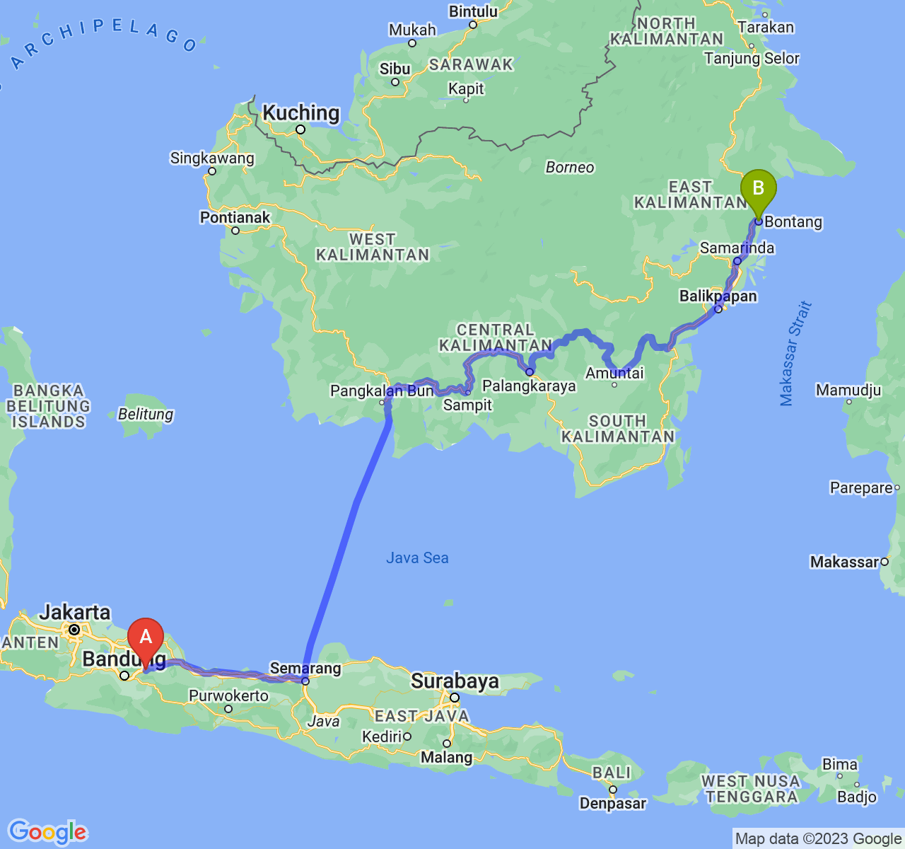 perjalanan dengan rute Kab. Sumedang-Kota Bontang