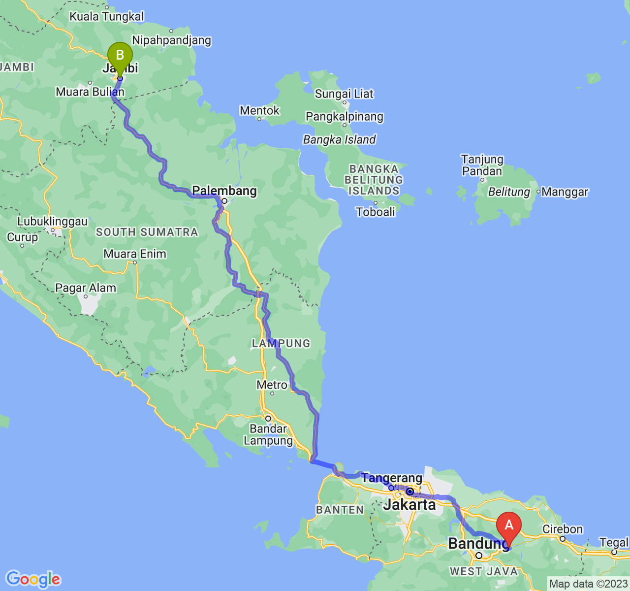 perjalanan dengan rute Kab. Sumedang-Kota Jambi