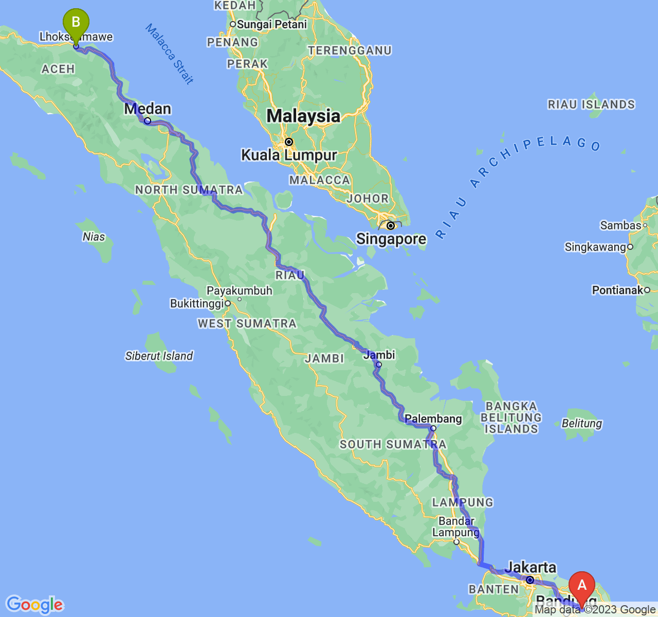 perjalanan dengan rute Kab. Sumedang-Kota Lhokseumawe