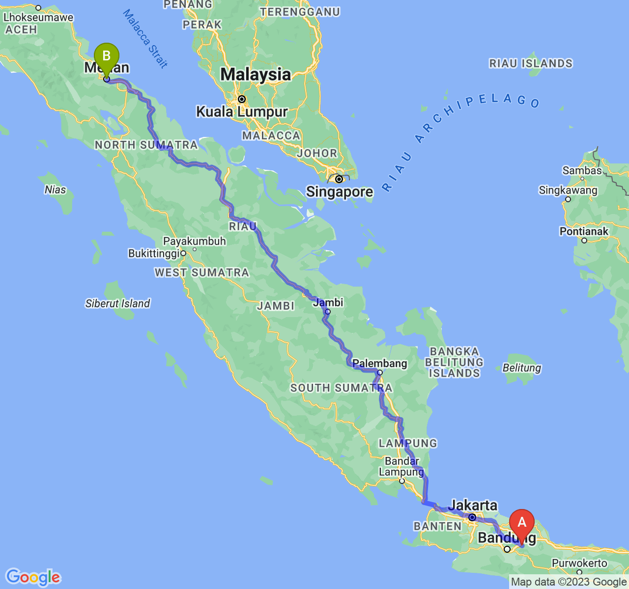 perjalanan dengan rute Kab. Sumedang-Kota Medan