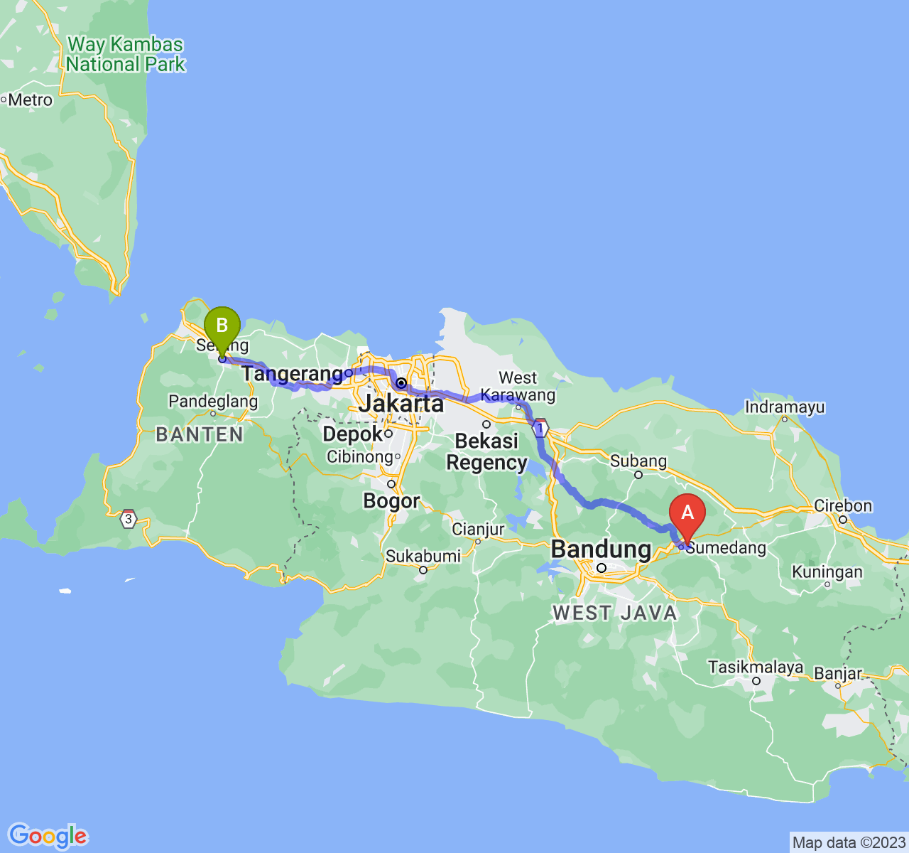 perjalanan dengan rute Kab. Sumedang-Kota Serang