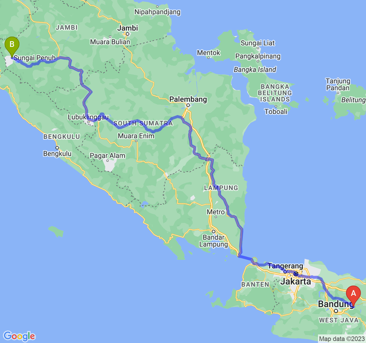 perjalanan dengan rute Kab. Sumedang-Kota Sungai Penuh