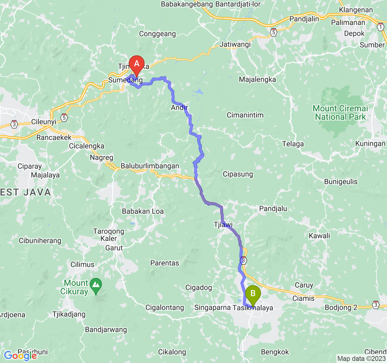perjalanan dengan rute Kab. Sumedang-Kota Tasikmalaya