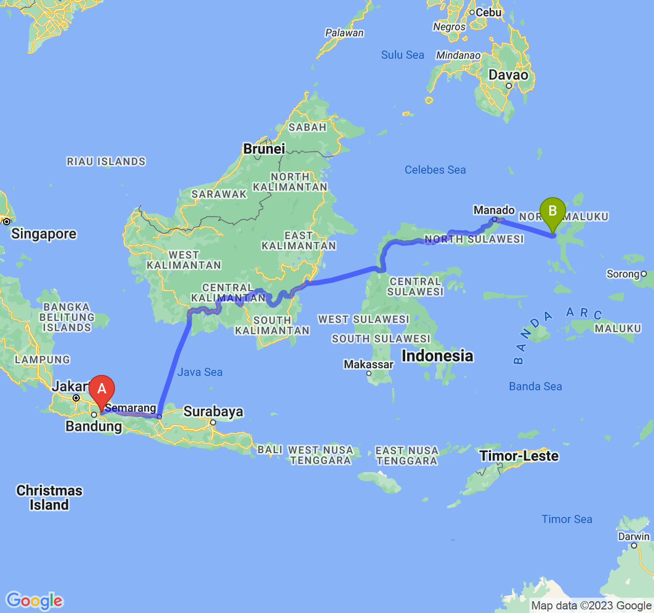 perjalanan dengan rute Kab. Sumedang-Kota Ternate