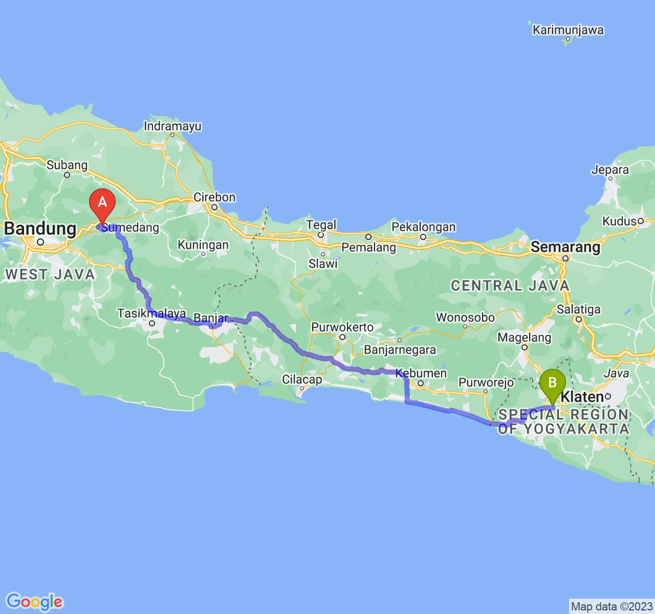 perjalanan dengan rute Kab. Sumedang-Kota Yogyakarta