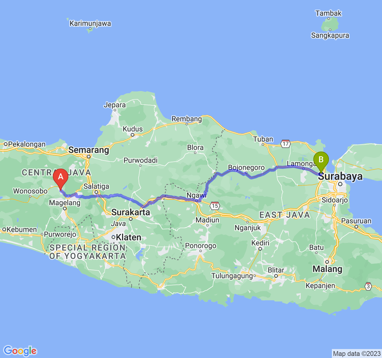 perjalanan dengan rute Kab. Temanggung-Kab. Gresik