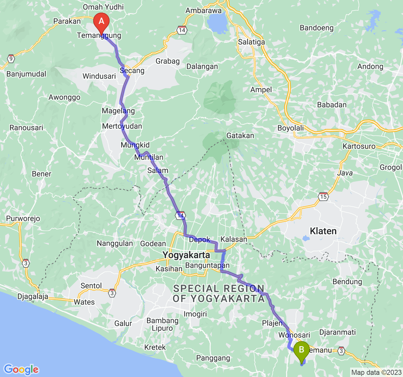 perjalanan dengan rute Kab. Temanggung-Kab. Gunung Kidul