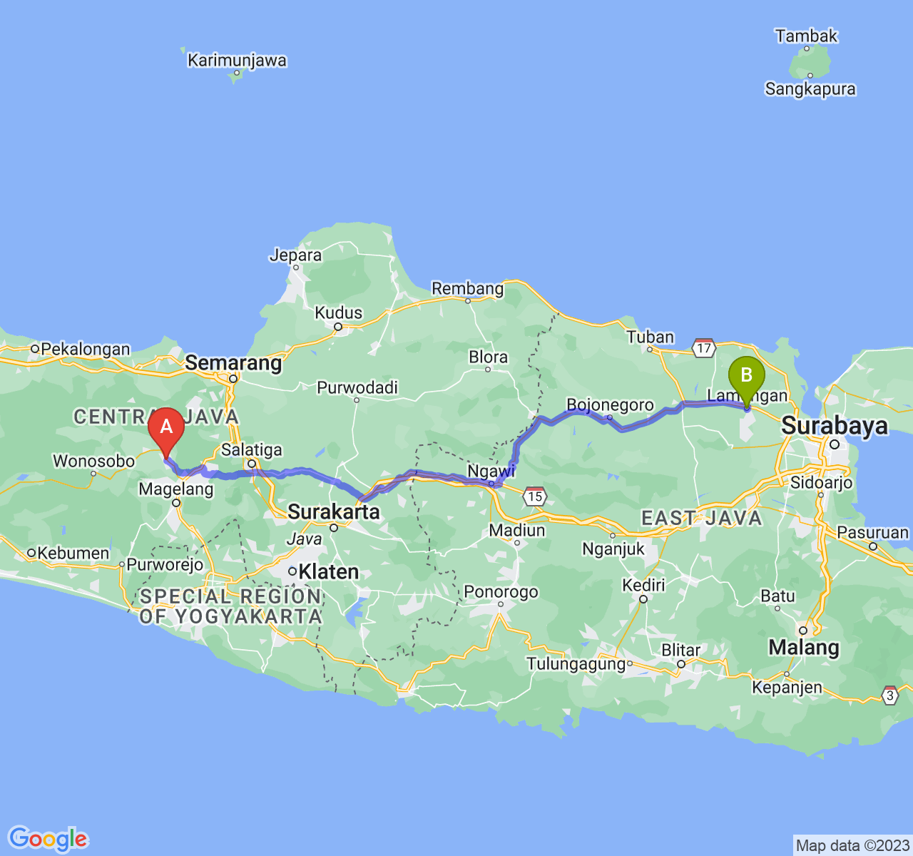 perjalanan dengan rute Kab. Temanggung-Kab. Lamongan