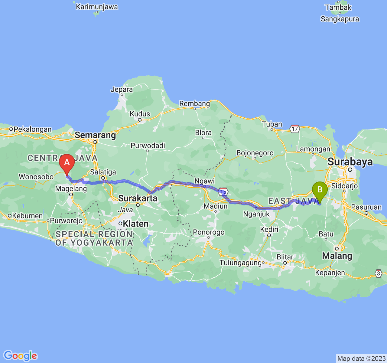 perjalanan dengan rute Kab. Temanggung-Kab. Mojokerto