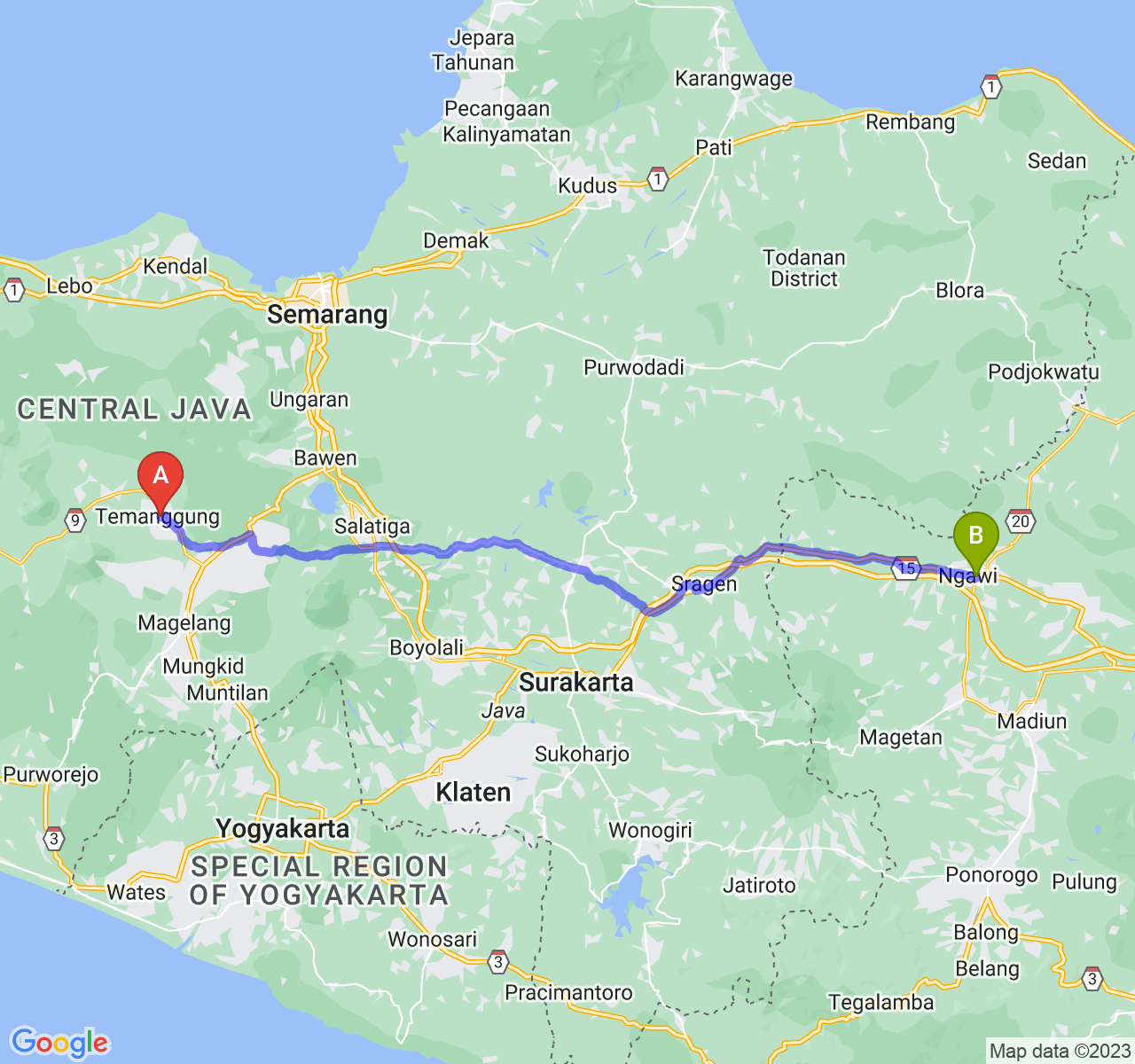 perjalanan dengan rute Kab. Temanggung-Kab. Ngawi