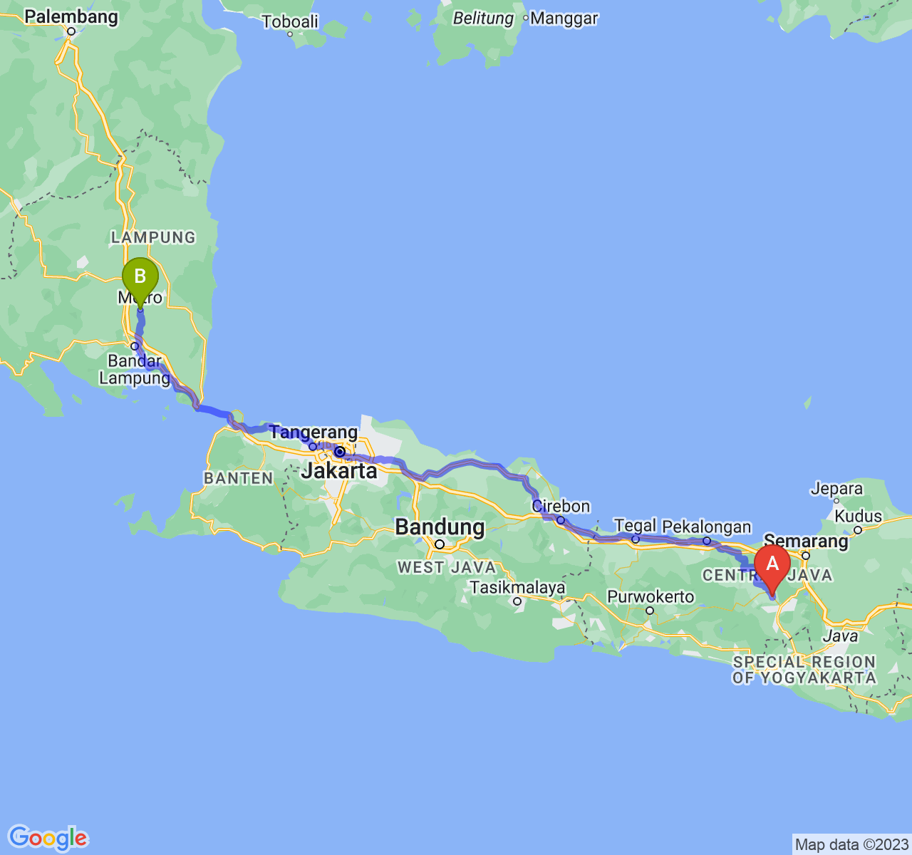 perjalanan dengan rute Kab. Temanggung-Kota Metro