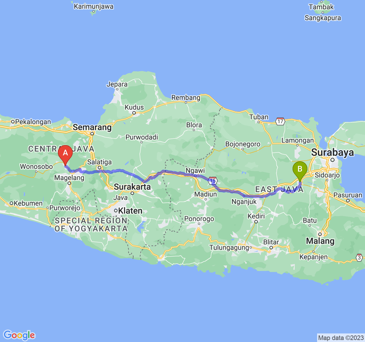 perjalanan dengan rute Kab. Temanggung-Kota Mojokerto