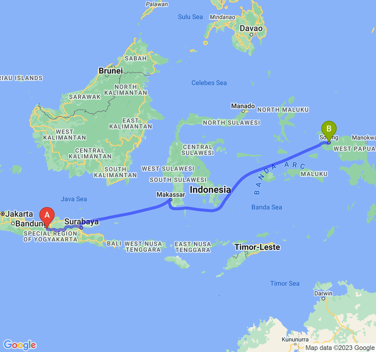 perjalanan dengan rute Kab. Temanggung-Kota Sorong