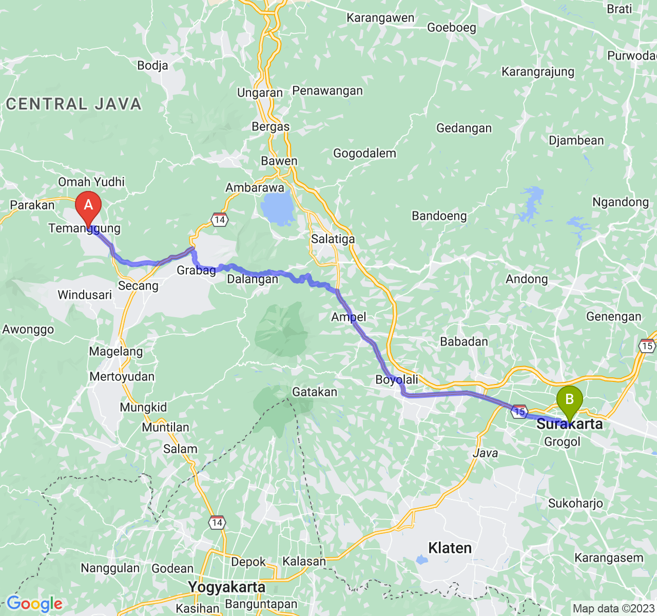 perjalanan dengan rute Kab. Temanggung-Kota Surakarta