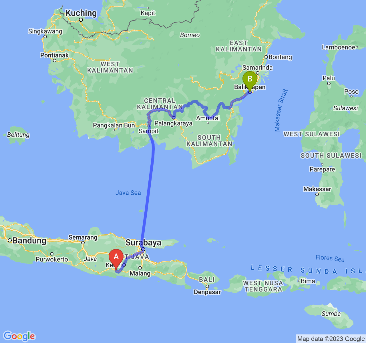 perjalanan dengan rute Kab. Trenggalek-Kota Balikpapan