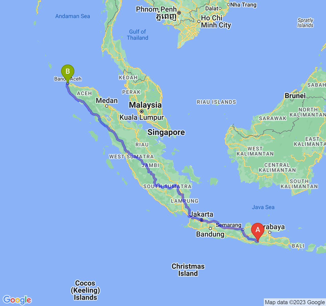 perjalanan dengan rute Kab. Trenggalek-Kota Banda Aceh