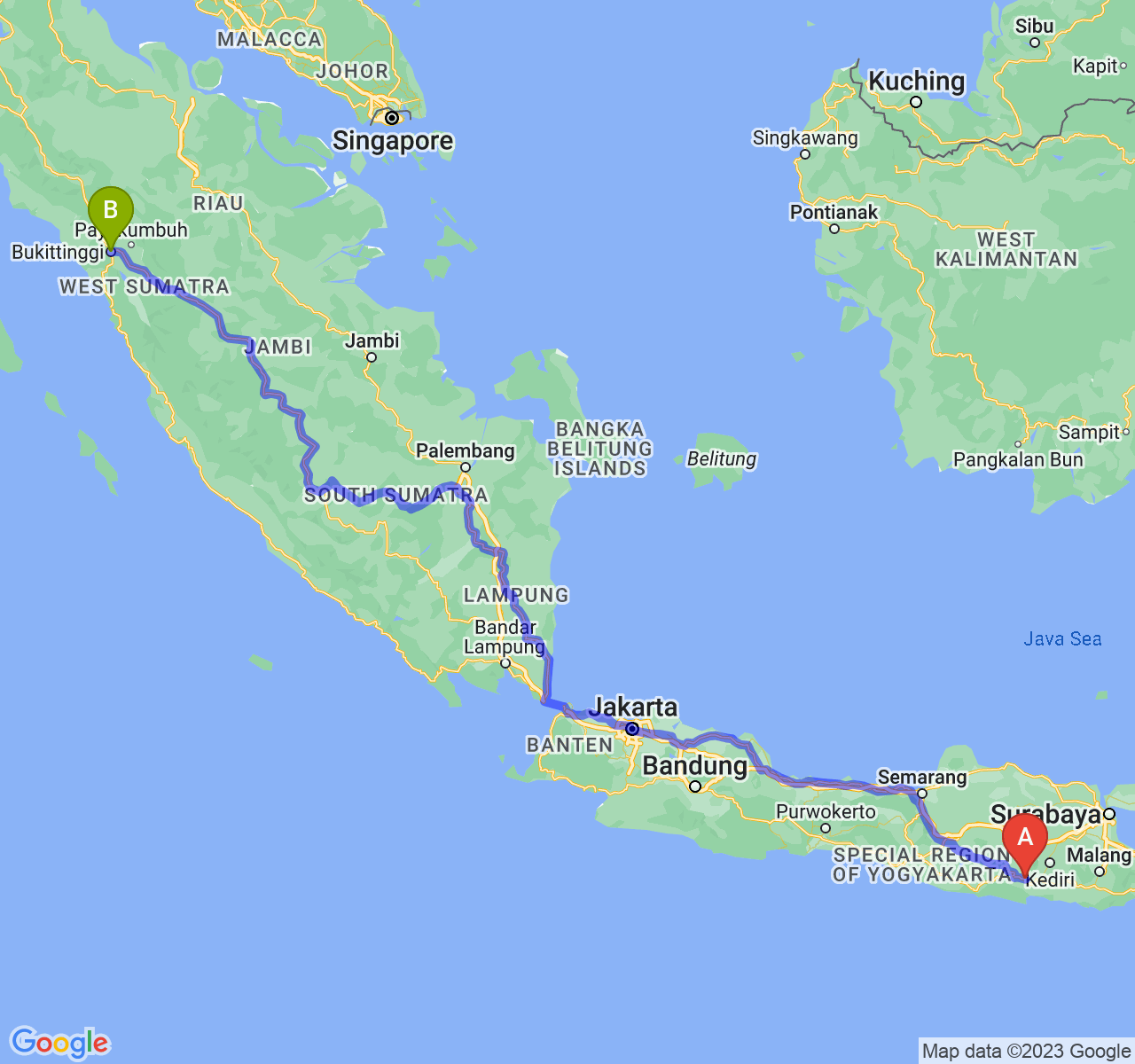 perjalanan dengan rute Kab. Trenggalek-Kota Bukittinggi